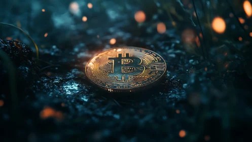 Golden bitcoin coin rests on wet ground amid neon bokeh lights