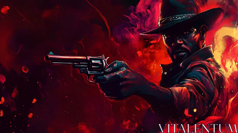 Chromatic gunslinger in explosive neon western tableau.