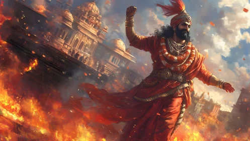 Warrior king strides through burning ancient palace city.