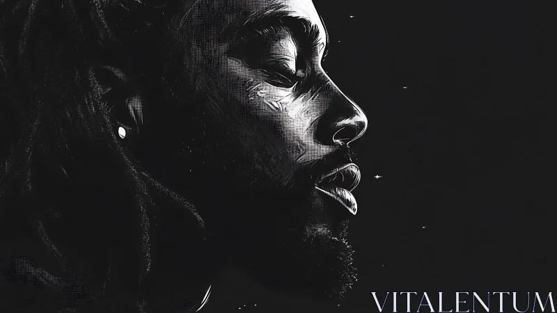 Side-lit profile portrait isolates serene male face in dark