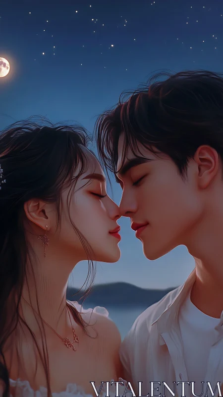 Romantic Moonlit Kiss Under Starlit Night Sky.