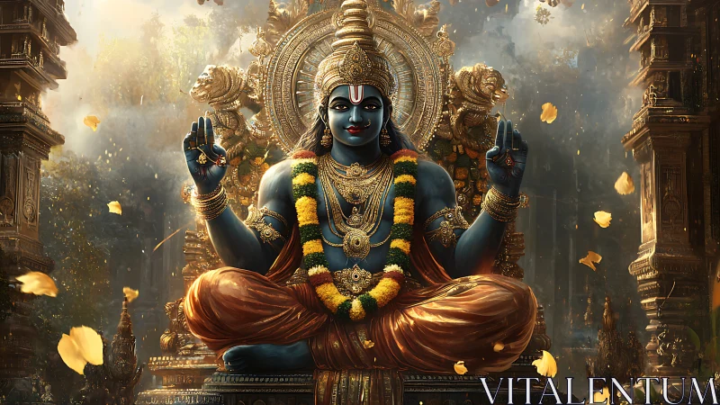 Serene blue deity enthroned in cascading golden temple light.