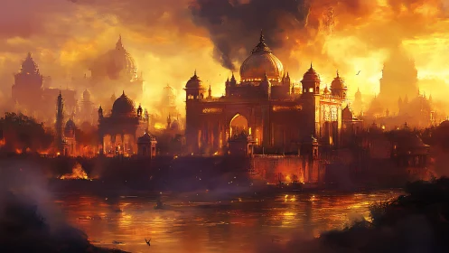 Fiery fantasy palace city glowing under dramatic sunset sky.