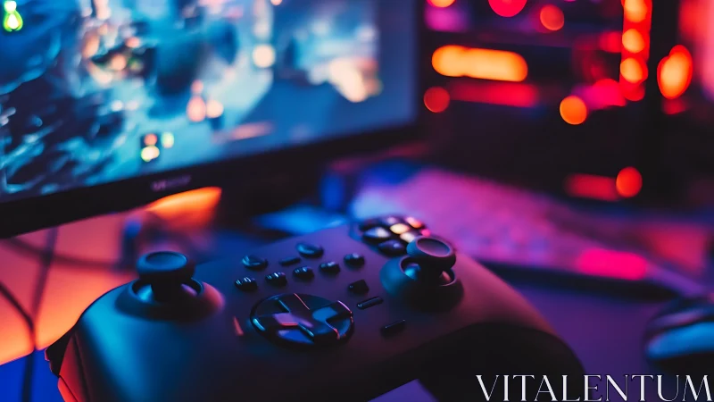 Colorful gaming controller waits in a cozy neon setup