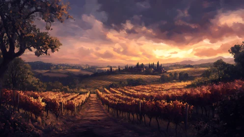 Sunset light pours over tranquil hillside vineyards and village