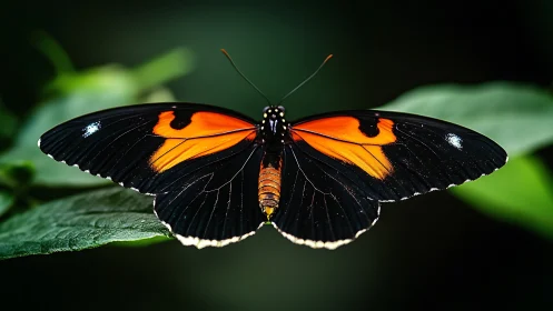 Black butterfly spreads vivid orange wings on green leaf