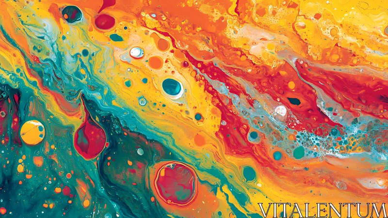Multicolored fluid abstraction with circular paint cells.