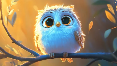 Cute cartoon baby owl with big eyes on a branch in soft lighting.