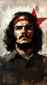 Textured portrait of resolute man in red headband with star emblem