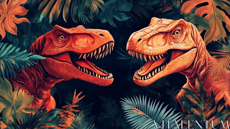 Two red dinosaurs facing off in dense tropical foliage.
