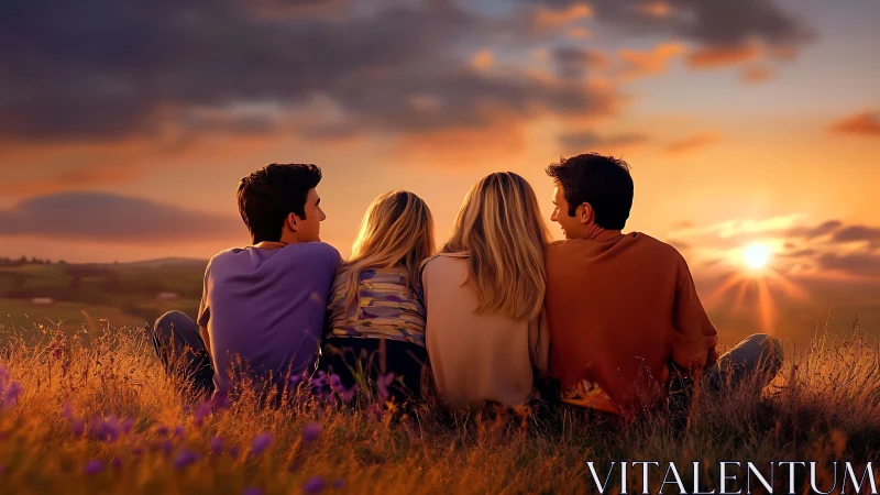 Four friends watch a rural sunset in warm cinematic lighting