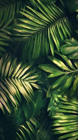 Lush tropical palm leaves overlap gently in soft golden light