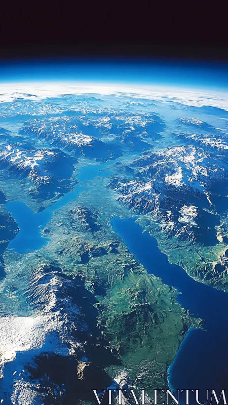 Snowcapped fjords under a glowing planetary halo sky.