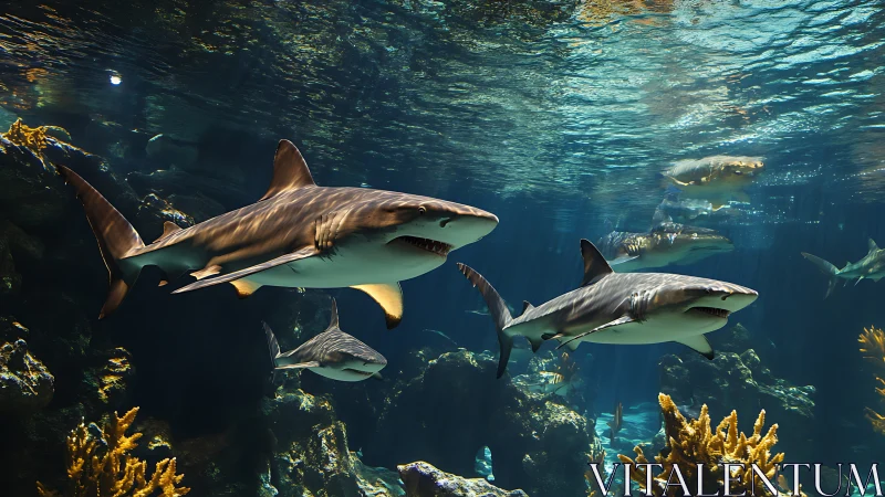 Predatory sharks gliding through sunlit reef waters.