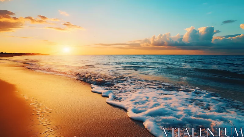 Honey-gold shoreline courting sapphire sea at sunset.