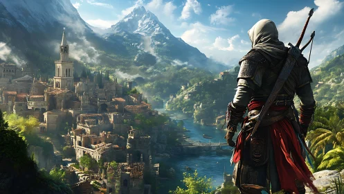 Hooded wanderer surveys sunlit mountain river kingdom.