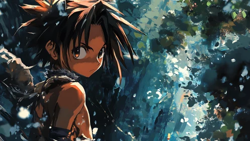 Wild-eyed forest boy framed by fractured jungle light.