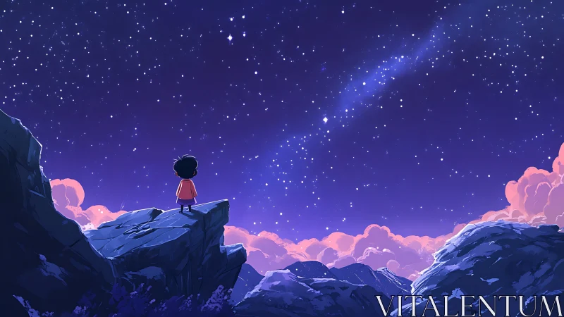 Child on rocky cliff observes dense starfield under violet night