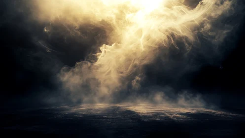 Golden mist swirls gently above a quiet shadowed floor