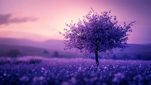 Solitary flowering tree in violet-toned open landscape.