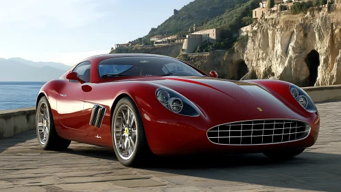 Scarlet coastal supercar purring under sunlit cliffside sky.