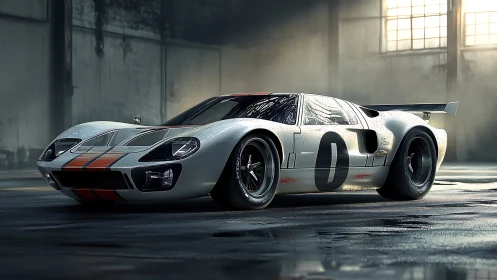 Le Mans-style race car in misty industrial warehouse light.