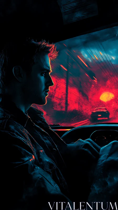 Neon dusk driver framed by blazing red horizon glow.