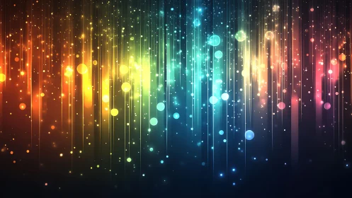 Vibrant abstract light streaks and bokeh in rainbow colors, digital art.