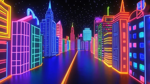 Neon-outline futuristic cityscape corridor under starfield sky