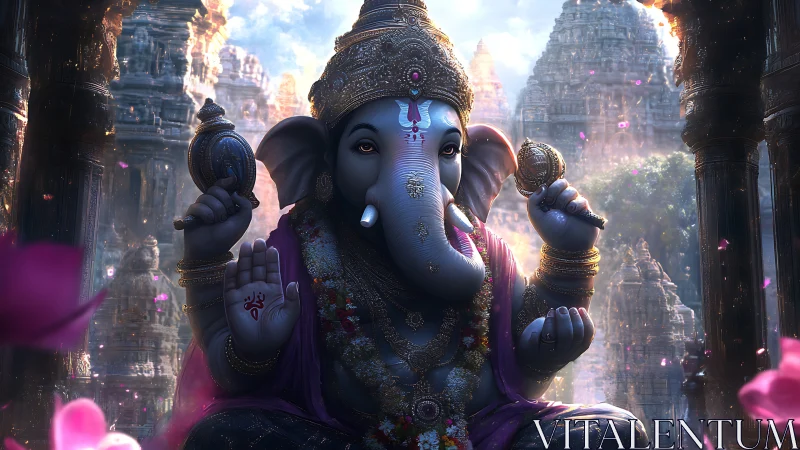 Majestic Ganesha deity seated in ornate temple courtyard.