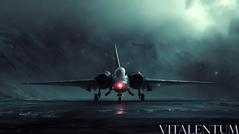 Stealth jet poised on icy runway beneath stormy sky.