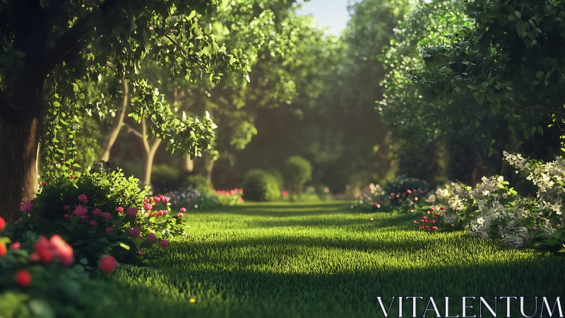 Sunlit garden path extends between dense flowering borders