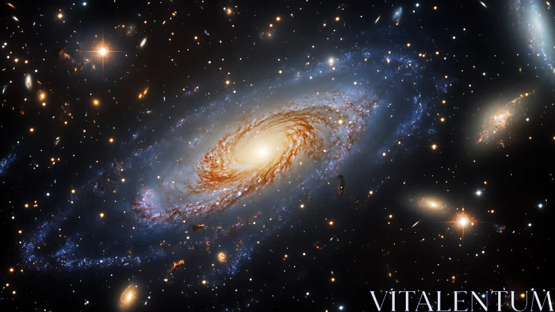 Golden spiral galaxy drifting through a jeweled night sky.