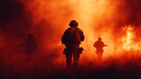 Military personnel advancing through smoke and explosions.