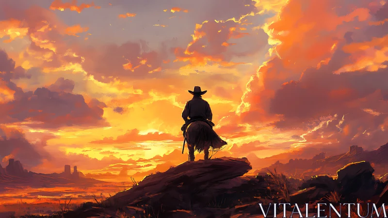 Lone cowboy on horseback against vivid desert sunset sky.