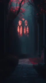 Gothic nave overgrown with crimson foliage and backlit window.