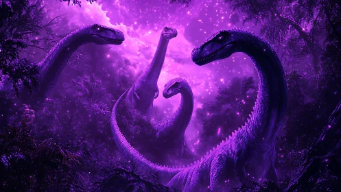 Bioluminescent sauropod convergence in ultraviolet jungle sky.