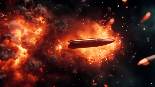 Bullet streaks through fiery explosion in dramatic slow motion.