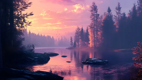 Volumetric sunset light over misted conifer lake shoreline