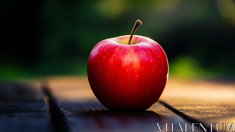 Red apple on wooden surface in soft natural light.