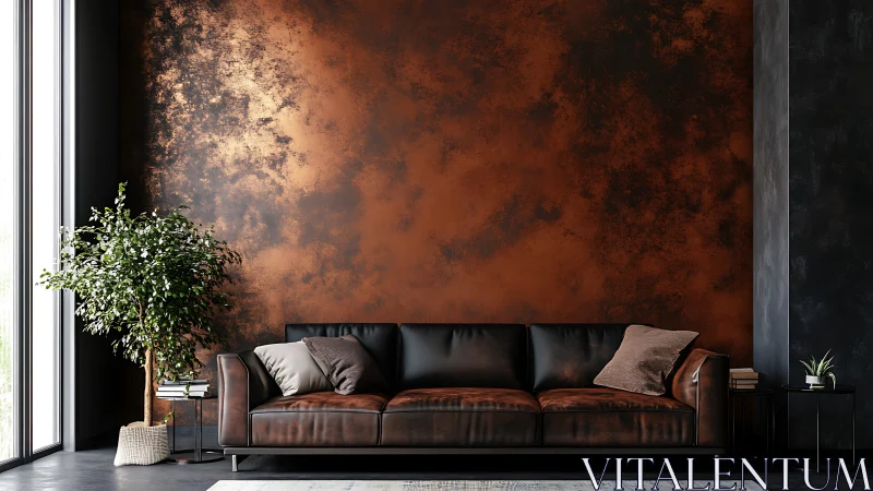 Contemporary leather sofa against textured copper accent wall.