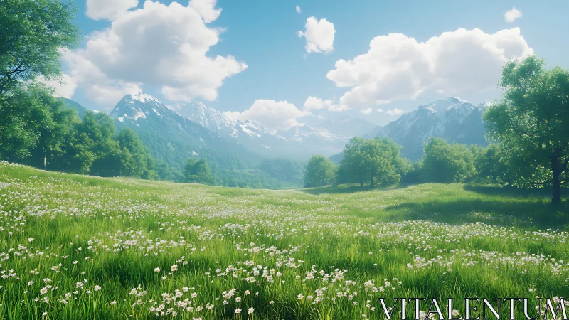 Sunny green meadow with wildflowers and distant mountains.