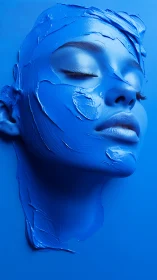 Blue sculpted face merges paint, skin, and serene emotion.
