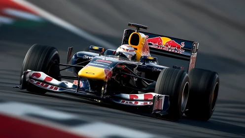 Formula racing car taking high-speed corner on track.