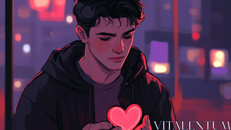 Young man studies glowing heart icon under neon city lights