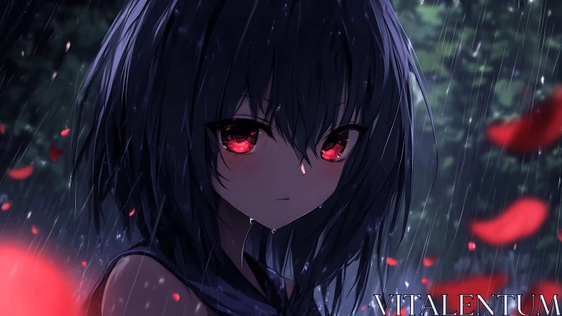 Dark haired anime girl with red eyes stands in falling rain