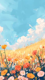 Chromatic wildflower field under stratified brushstroke sky.