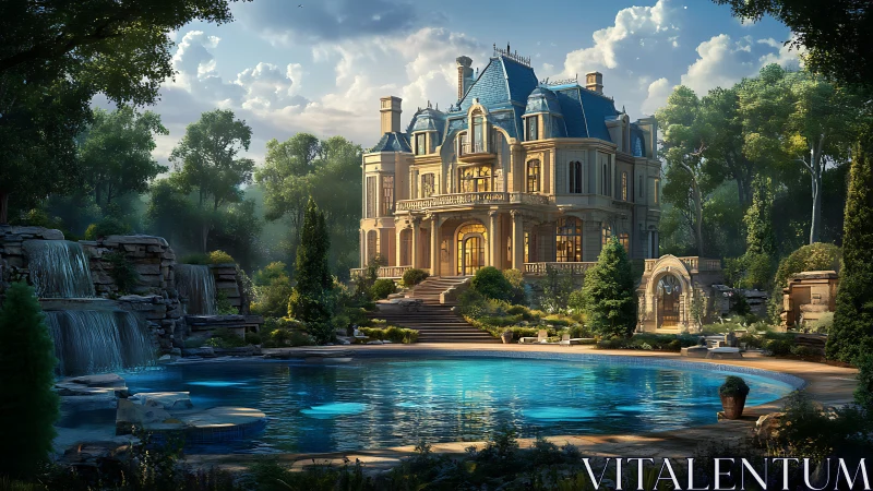 Lakeside neo-baroque villa with tiered stone waterfalls at dusk