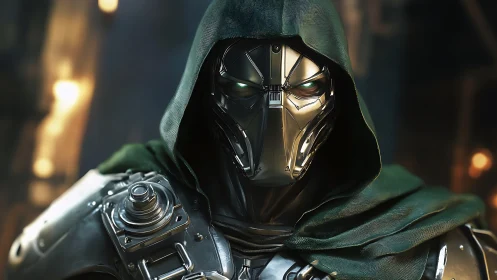 Cybernetic hooded warlord with reflective alloy mask portrait.