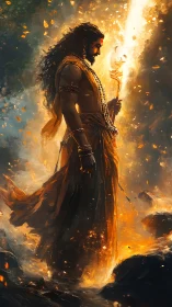 Firelit mystic warrior walking through swirling embers.
